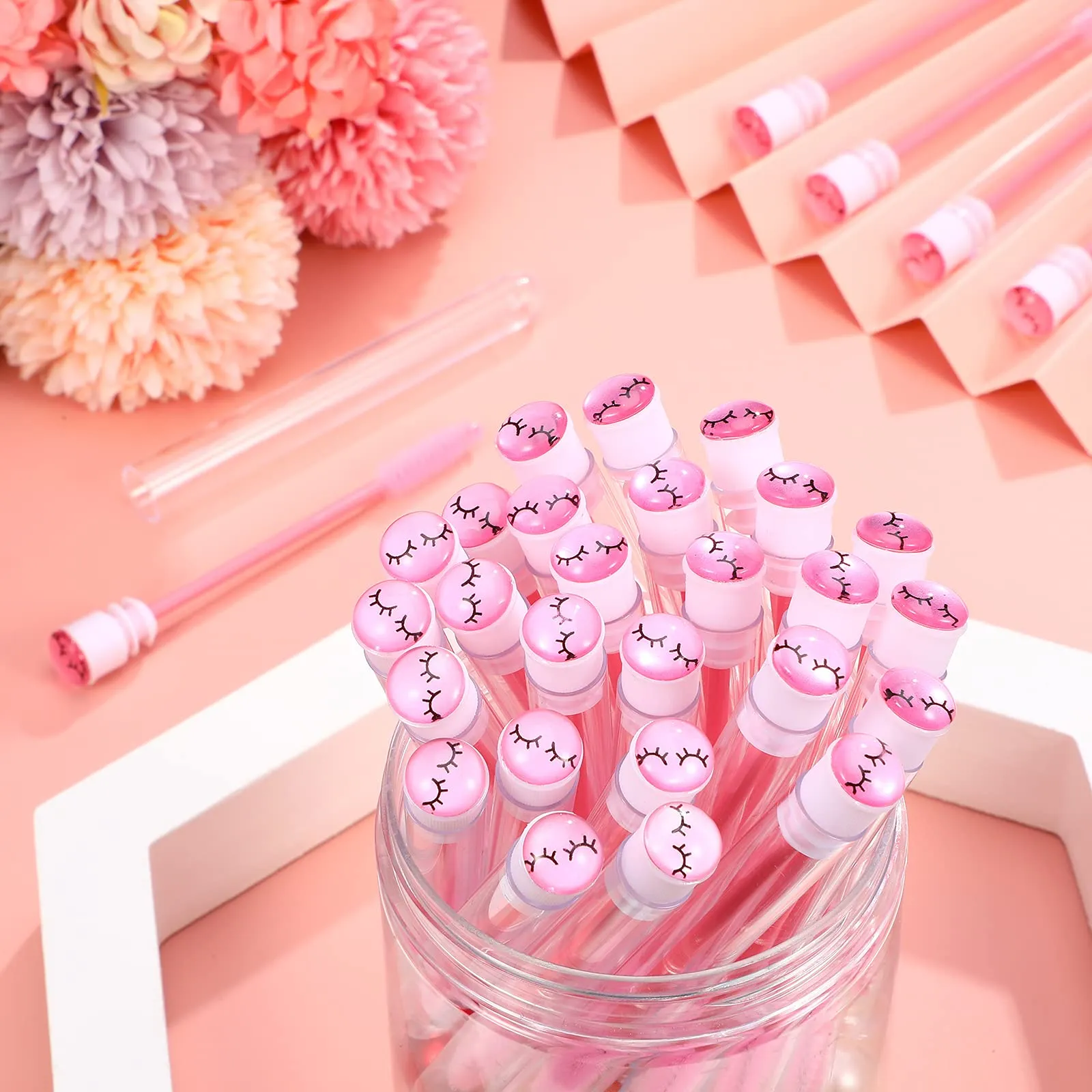30 Pieces Disposable Mascara Wand Tube Brushes Eyelash Mascara Eyebrow Brushes Diamond Eyelash Tubes with Transparent Cylinder Packaging for Women Girls Makeup (Pink)