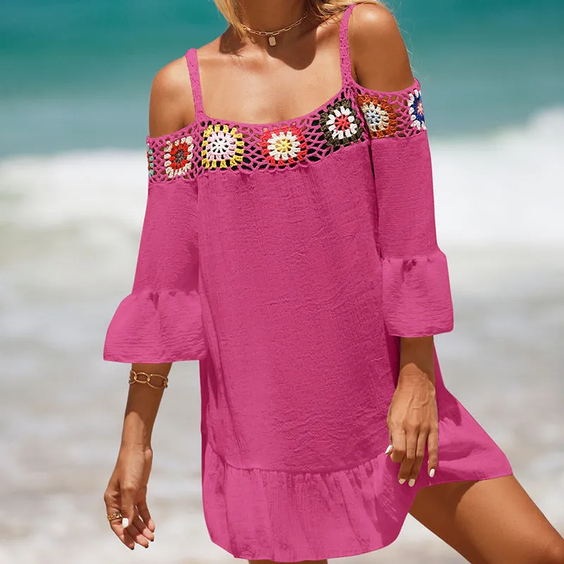 Holiday Suspenders Sun-protective Clothing Crocheted Lace Shoulder Dress Casual Short Solid Color Sunscreen Beach Skirt