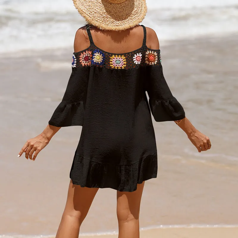 Holiday Suspenders Sun-protective Clothing Crocheted Lace Shoulder Dress Casual Short Solid Color Sunscreen Beach Skirt