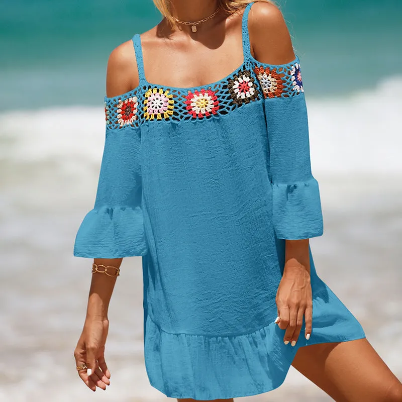 Holiday Suspenders Sun-protective Clothing Crocheted Lace Shoulder Dress Casual Short Solid Color Sunscreen Beach Skirt