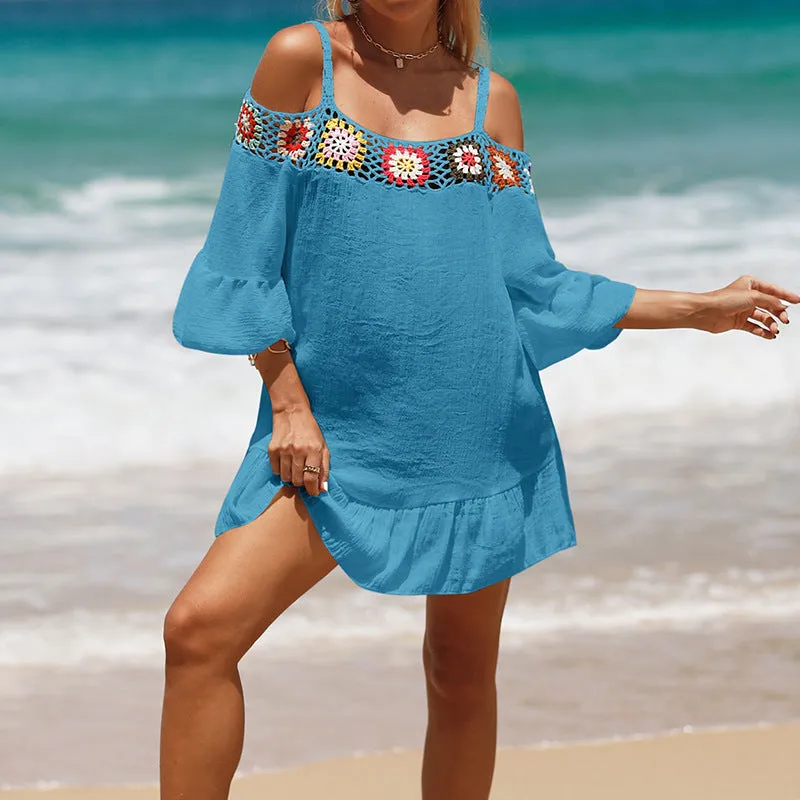 Holiday Suspenders Sun-protective Clothing Crocheted Lace Shoulder Dress Casual Short Solid Color Sunscreen Beach Skirt