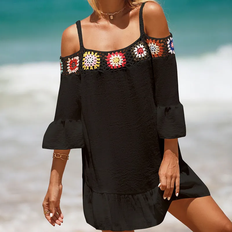 Holiday Suspenders Sun-protective Clothing Crocheted Lace Shoulder Dress Casual Short Solid Color Sunscreen Beach Skirt