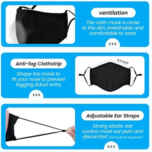 Lecluse Cotton Face Mask Windproof Dustproof Sunscreen Adjustable Ear Strap Insertable Filter Washable Cotton Black Mask