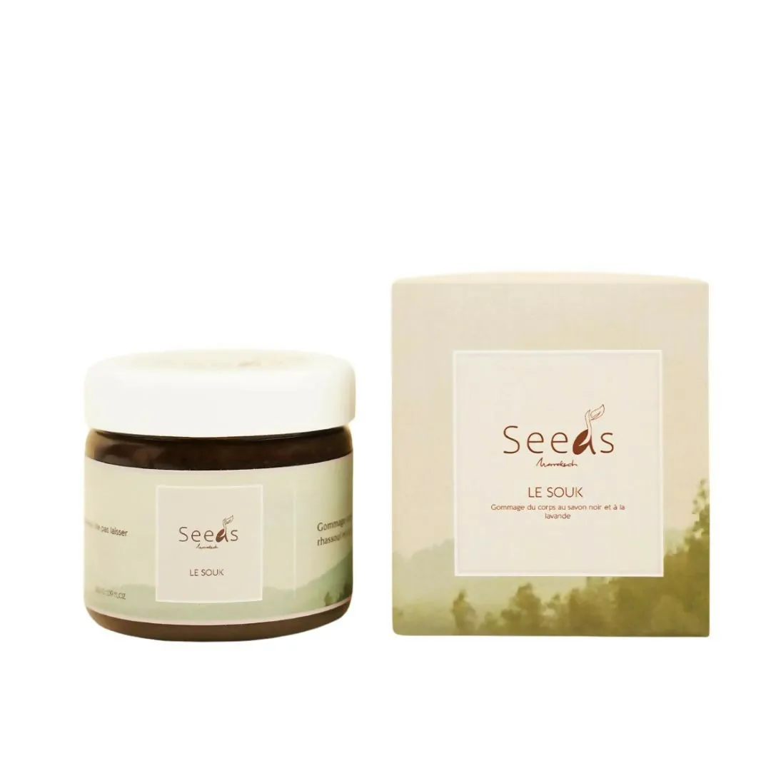 Seeds Marrakech Body Hamam scrub with Moroccan black soap , Ghassoul and moroccan Lavender "Le Souk"